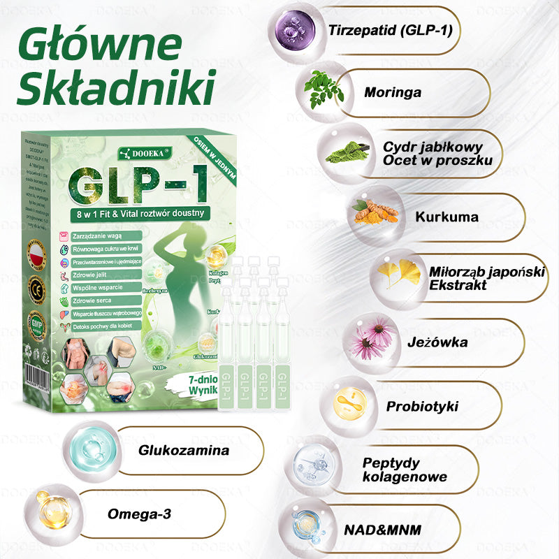 🍀DOOEKA® GLP-1 8 w 1 Fit & Vital roztwór doustny – Raz dziennie, widoczne zmiany w ciągu 7 dni / W przypadku otyłości, zdrowia serca i układu krążenia, cukrzycy, bezdechu sennego, zdrowia jelit, problemów ze stawami i wielu innych