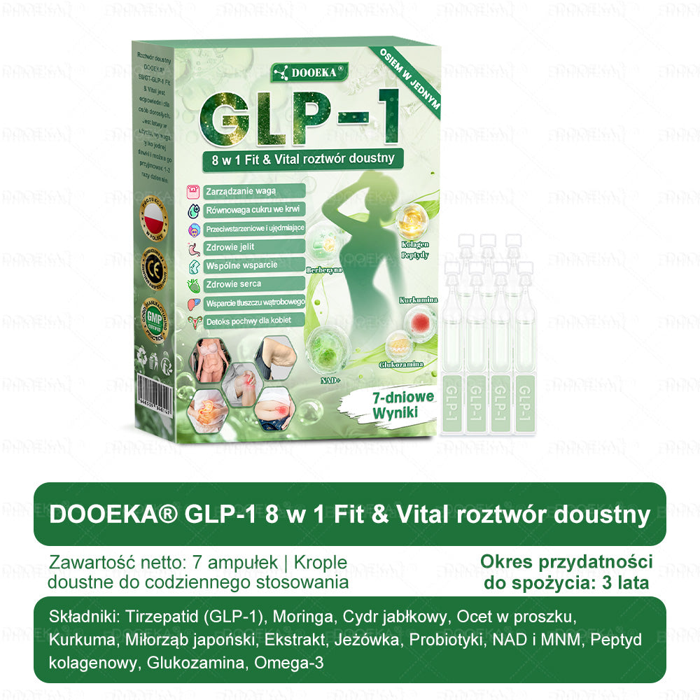 🍀DOOEKA® GLP-1 8 w 1 Fit & Vital roztwór doustny – Raz dziennie, widoczne zmiany w ciągu 7 dni / W przypadku otyłości, zdrowia serca i układu krążenia, cukrzycy, bezdechu sennego, zdrowia jelit, problemów ze stawami i wielu innych
