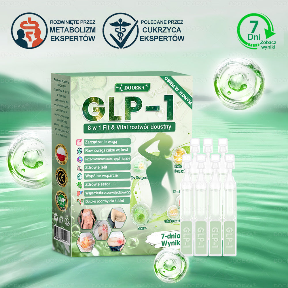 DOOEKA® GLP-1 8 w 1 Fit & Vital roztwór doustny 💚 Raz dziennie, widoczne zmiany w ciągu 7 dni / W przypadku otyłości, zdrowia serca i układu krążenia, cukrzycy, bezdechu sennego, zdrowia jelit, problemów ze stawami i wielu innych