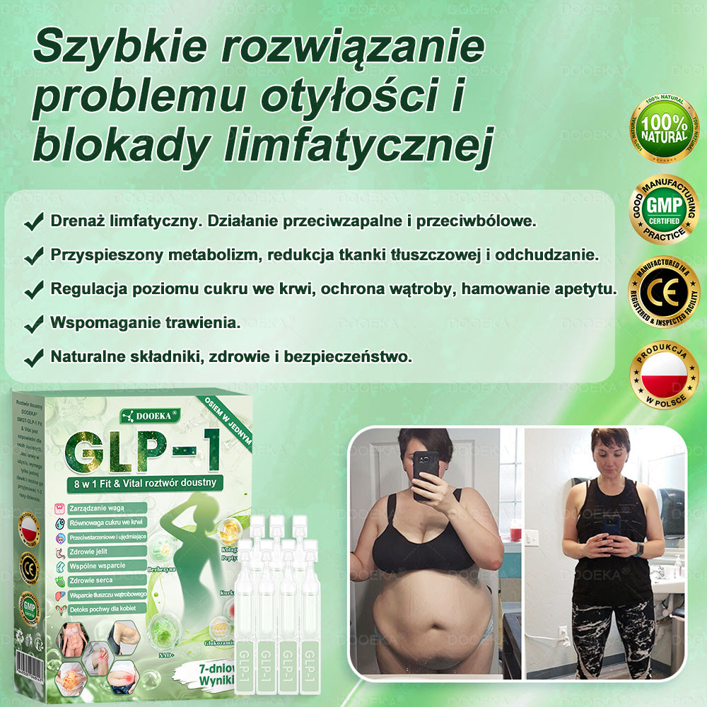 DOOEKA® GLP-1 8 w 1 Fit & Vital roztwór doustny 💚 Raz dziennie, widoczne zmiany w ciągu 7 dni / W przypadku otyłości, zdrowia serca i układu krążenia, cukrzycy, bezdechu sennego, zdrowia jelit, problemów ze stawami i wielu innych